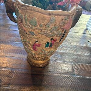 Vintage Asian Relief Vase with Elephant Handles | Hand Painted Scenic Figures |